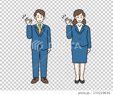 身著西裝、面帶微笑的男男女女擺出「OK」手勢。公司員工全身像。 身著西裝、面帶微笑的男男女女擺出「OK」手勢。公司員工全身像。 133229630