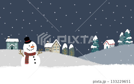 雪だるまと北欧の町並みが描かれたクリスマスの夜の背景イラスト 133229651