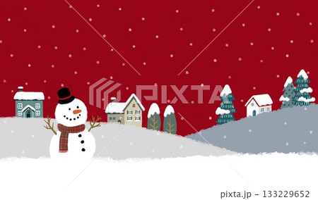 雪が降る街並みと雪だるまを描いた北欧のクリスマスイメージイラスト 133229652