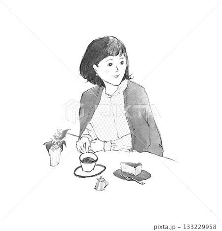 カフェでコーヒーとケーキを楽しむ女性 133229958