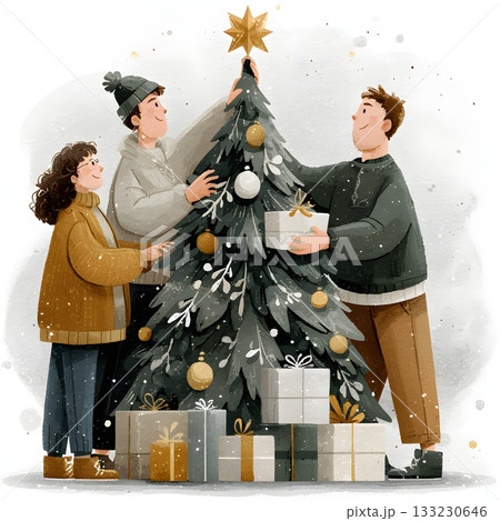 vector colleagues placing star on office christmas tree happy 133230646