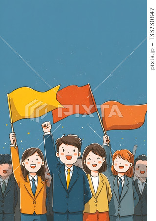 vector group of employees waving flags celebrating new year vector group of employees waving flags celebrating new year 133230847