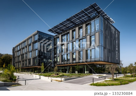 Smart eco futuristic building with solar shading system Smart eco futuristic building with solar shading system 133230884