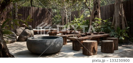 Wellness retreat spa outdoor natural clean setup 133230900