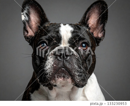 Gorgeous French bulldog, serious and judging, extreme close-up Gorgeous French bulldog, serious and judging, extreme close-up 133230953
