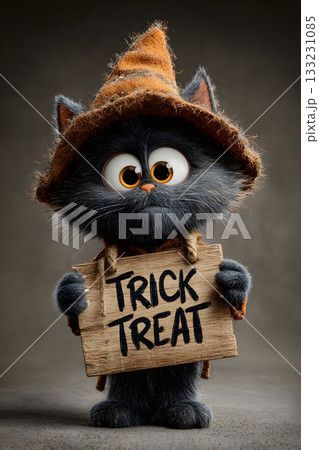 3D cartoon cat holding trick or treat sign isolated on white background 133231085