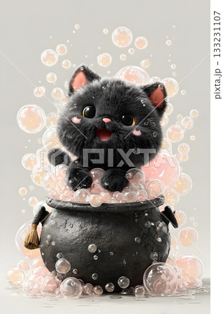 3D cartoon cat sitting in cauldron with bubbles isolated on white background 3D cartoon cat sitting in cauldron with bubbles isolated on white background 133231107