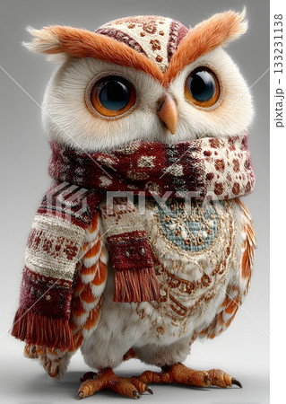 3D cartoon owl with Christmas scarf isolated on white background 133231138