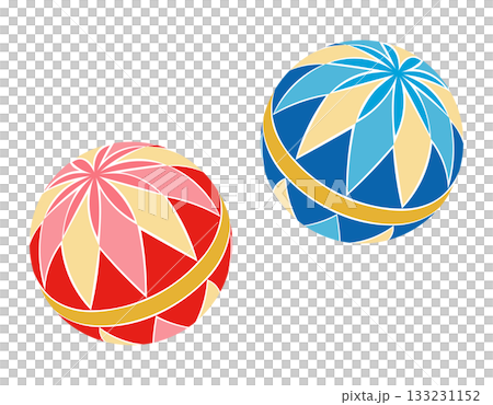 Colorful red and blue temari balls Japanese style illustration material 133231152