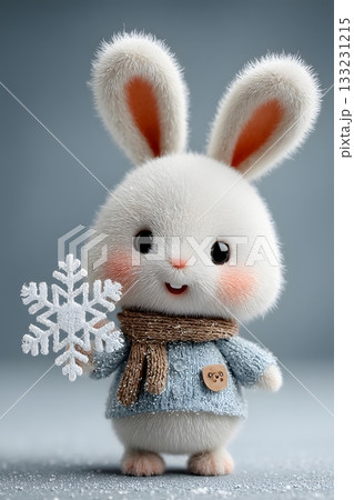 3D cartoon rabbit holding snowflake ornament isolated on white background 133231215