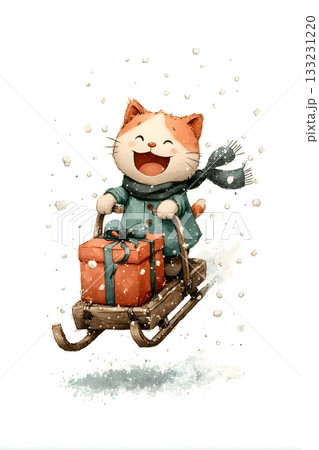 3D cartoon cat riding sleigh with gift box isolated on white background 133231220