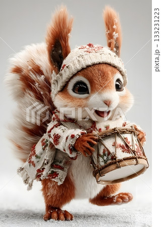 3D cartoon squirrel with Christmas drum isolated on white background 133231223