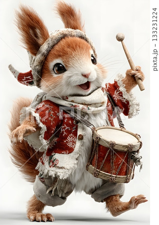 3D cartoon squirrel with Christmas drum isolated on white background 133231224