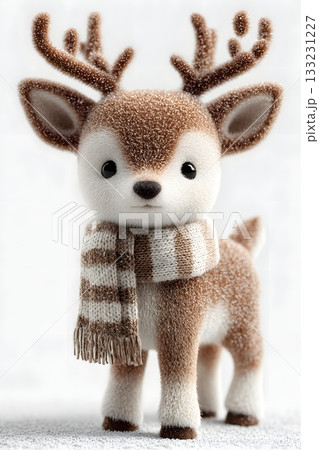 3D cartoon deer with Christmas scarf isolated on white background 133231227