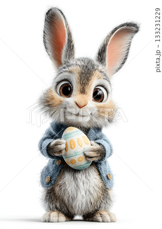 3D cartoon rabbit with painted Easter egg isolated on white background 3D cartoon rabbit with painted Easter egg isolated on white background 133231229
