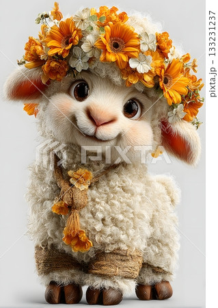 3D cartoon lamb with flower crown isolated on white background 133231237