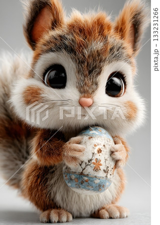 3D cartoon squirrel with decorated egg isolated on white background 3D cartoon squirrel with decorated egg isolated on white background 133231266