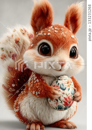 3D cartoon squirrel with decorated egg isolated on white background 133231268