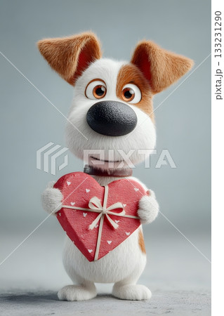 3D cartoon dog with gift box heart shape isolated on white background 133231290