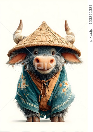 3D cartoon ox wearing traditional hat isolated on white background 133231385