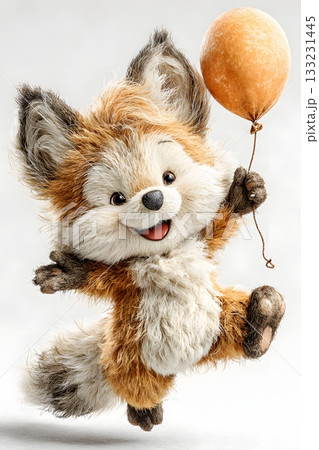 3D cartoon fox dancing with balloon isolated on white background 133231445
