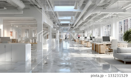 spacious coworking office empty desks bright open space white walls clean interior design 133231529