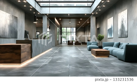 office workspace with blank wall background empty desks minimal decor clean atmosphere 133231536