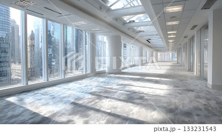bright office interior empty floor space clean carpet large windows city view 133231543