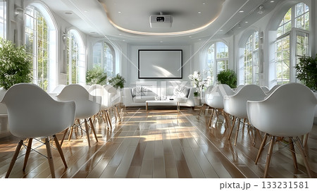 empty training room with projector clean modern layout minimal furniture 133231581