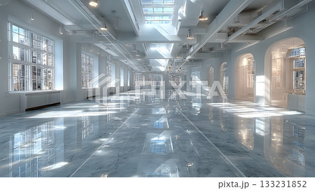 corporate workspace empty floor plan modern layout bright natural light 133231852