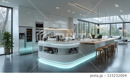 futuristic smart kitchen empty counters high tech appliances minimalist white background 133232004