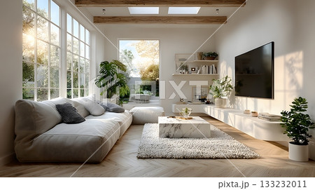 living room with smart TV empty walls modern design large space white background 133232011
