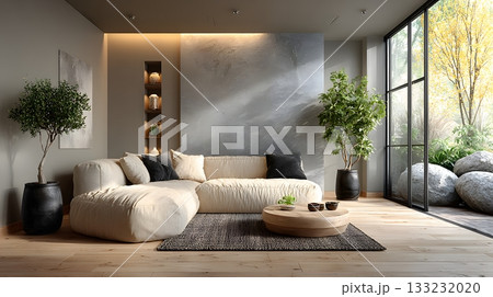 minimal living room with smart lighting empty sofa neutral tones clean interior 133232020