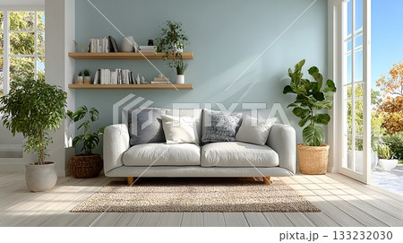 smart home interior with blank wall for mockup living room clean and bright 133232030