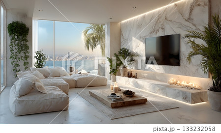 empty entertainment room smart TV glowing lights modern minimal interior 133232058