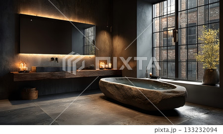 smart bathroom interior clean modern fixtures bright lighting minimal design 133232094