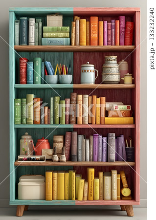 3D bookshelf with books isolated on white background detailed object 133232240