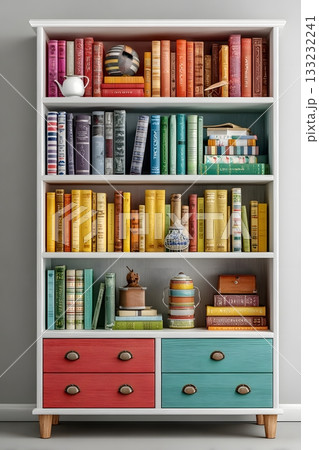 3D bookshelf with books isolated on white background detailed object 133232241