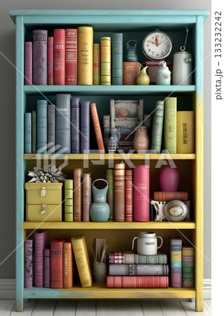 3D bookshelf with books isolated on white background detailed object 3D bookshelf with books isolated on white background detailed object 133232242