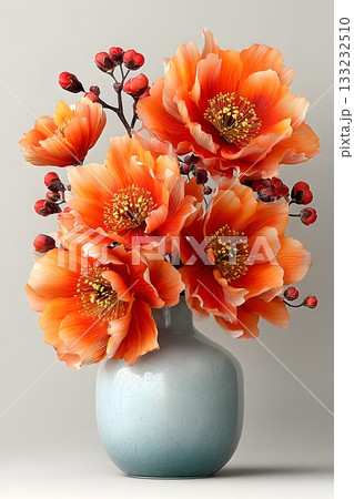 3D vase with flowers isolated on white background realistic petals 133232510