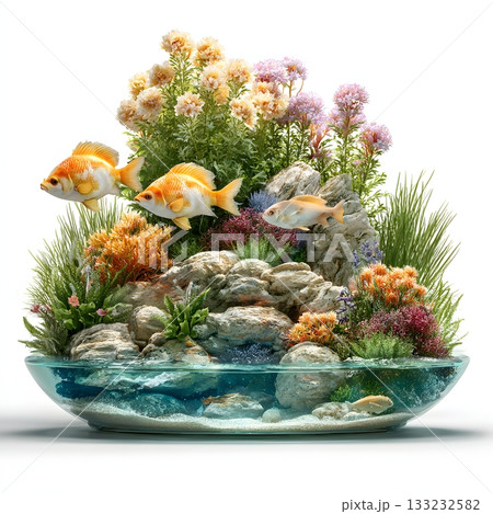 3D aquarium isolated on white background fish and plants 133232582