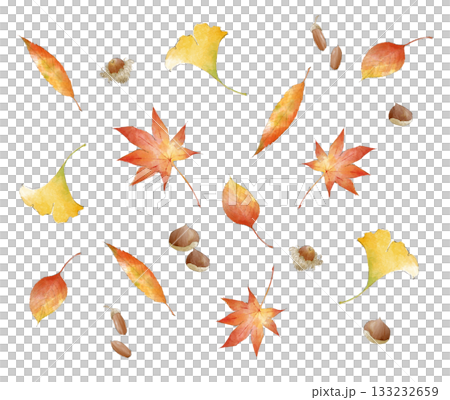 舞い落ちる紅葉と木の実の水彩風パターン 舞い落ちる紅葉と木の実の水彩風パターン 133232659