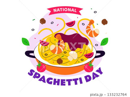 National Spaghetti Day Celebration Vector Illustration Featuring Various Noodle Dishes in a Fun And Festive Flat Style Cartoon Background 133232764