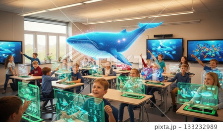 明るい教室で笑顔の子どもたちが浮かぶ鯨のホログラムを見る教育風景 明るい教室で笑顔の子どもたちが浮かぶ鯨のホログラムを見る教育風景 133232989