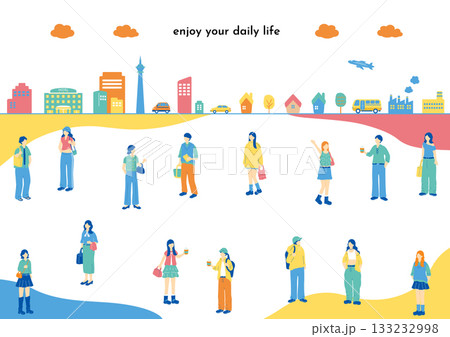 おしゃれな若者と町並み 133232998