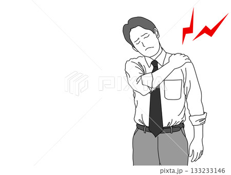 肩こりで肩を抑えているビジネスマンのイラスト 上半身正面 133233146