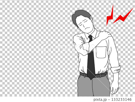 肩こりで肩を抑えているビジネスマンのイラスト 上半身正面 133233146