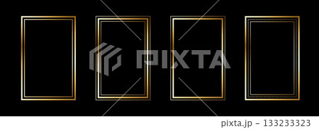 Gold thin rectangle frame set. Shining golden square borders in art deco style. Thin linear rectangular cadre collection. Vector brass glowing shiny boarder element pack for photo, poster, card 133233323