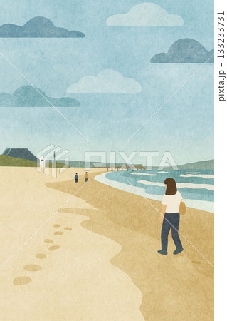 海辺を歩く女性の後ろ姿/夏の砂浜と青空の爽やかなイラスト 133233731