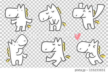 A set of white horses with various expressions and poses: bowing, looking up, sitting, cheers 133233831